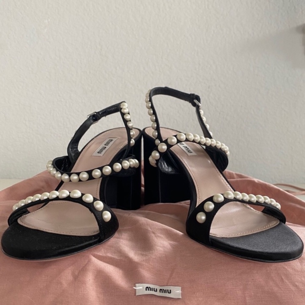 New Miu Miu Faux Pearl-embellished Satin Sandals